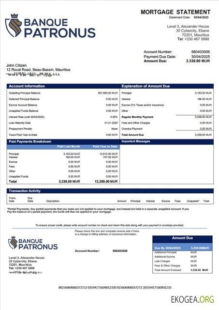 Modèle Word et PDF de relevé hypothécaire de la Banque Patronus Limitée de l'Île Maurice